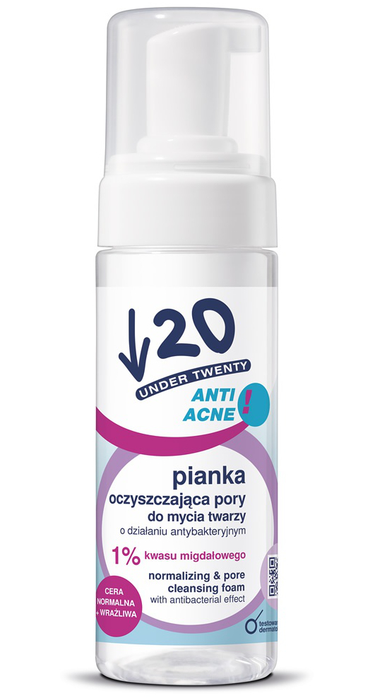 Under Twenty Pianka oczyszczająca pory do mycia twarzy o działaniu antybakteryjnym, z 1% kwasu migdałowego