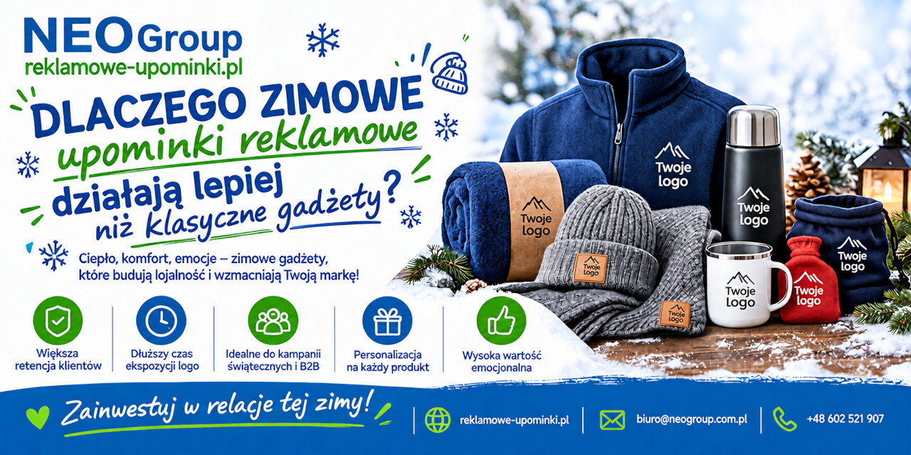 Zimowe gadżety reklamowe z logo dla firm Zimowe gadżety reklamowe z logo dla firm, w tym termos, kubek, koc i ciepła odzież